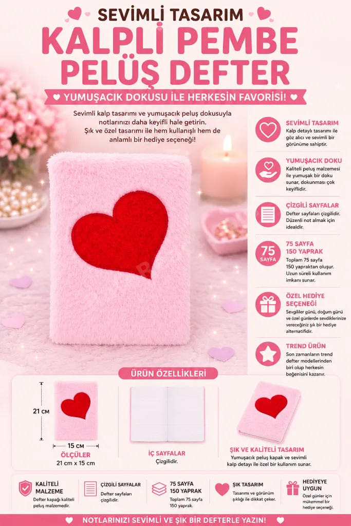 Kalpli Pembe Peluş Defter 21x15 CM Yumuşak Kapaklı Çizgili Not Defteri