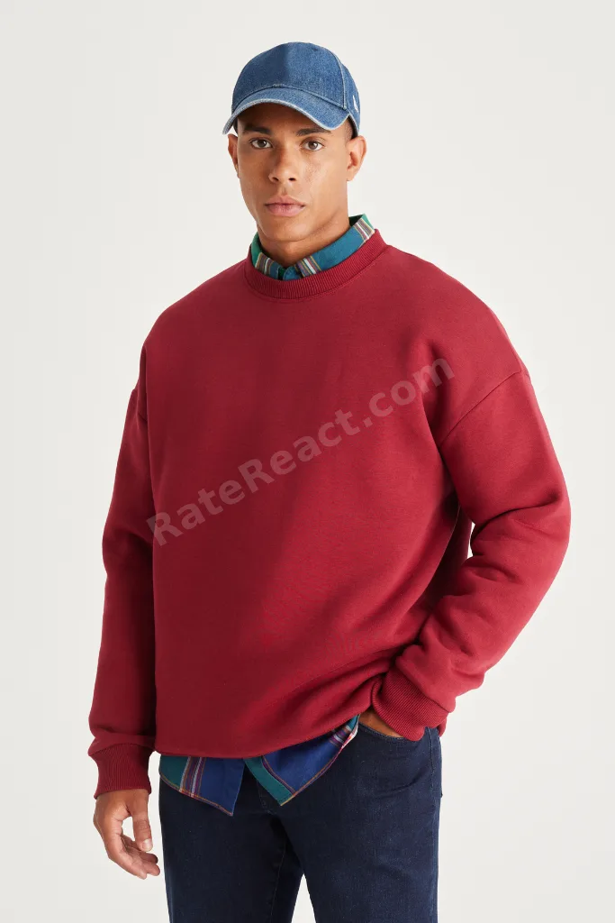 Bordo Oversize Bol Kesim Içi Polarlı 3 Iplik Bisiklet Yaka Pamuklu Sweatshirt