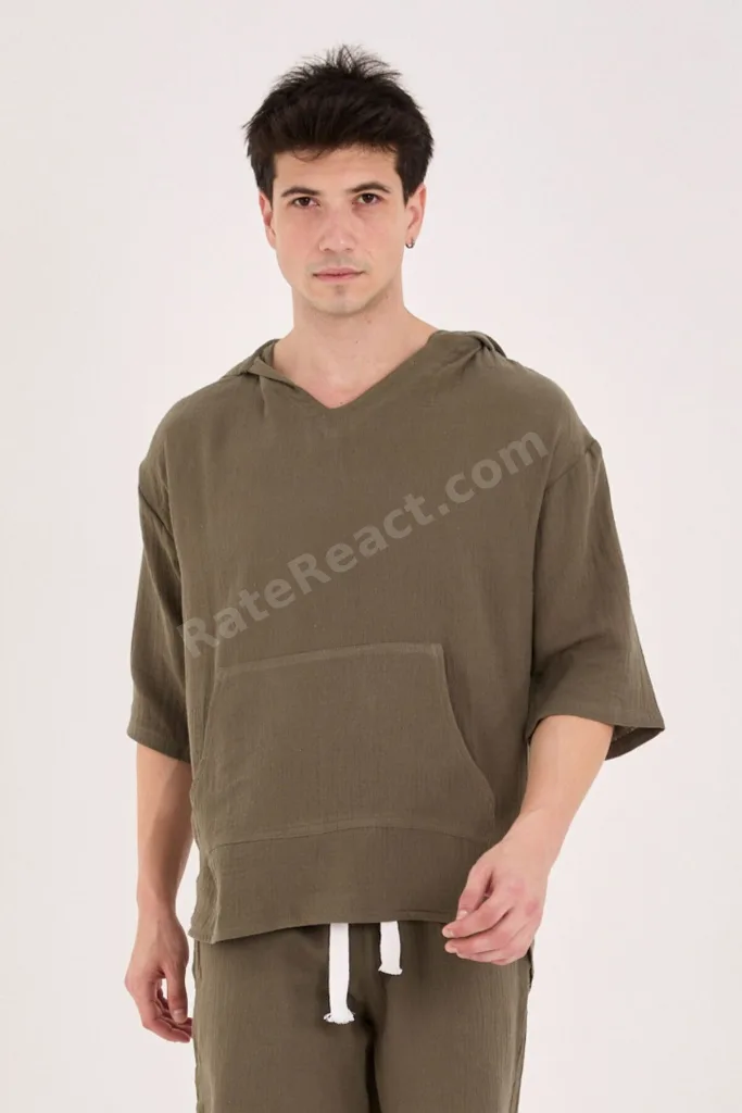 %100 Pamuk 2XS-10XL Arası Oversize Müslin Yazlık Hoodie Haki Yeşil