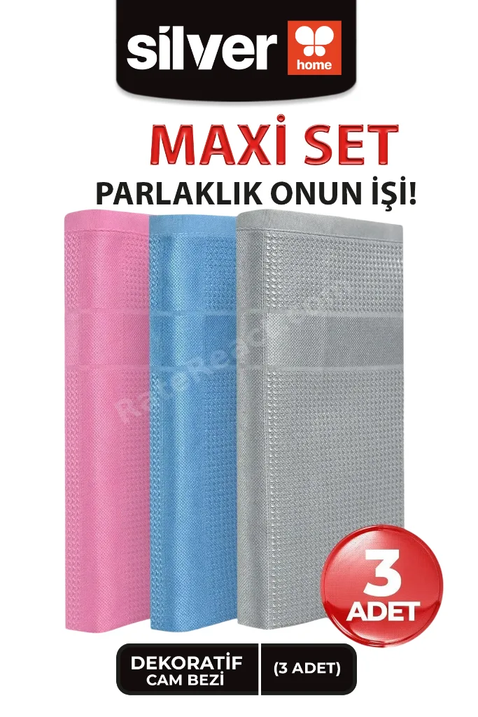 Silver Home 3'lü Mikrofiber Dekoratif Cam Bezi Gri - Pembe - Mavi 40x40 Cm