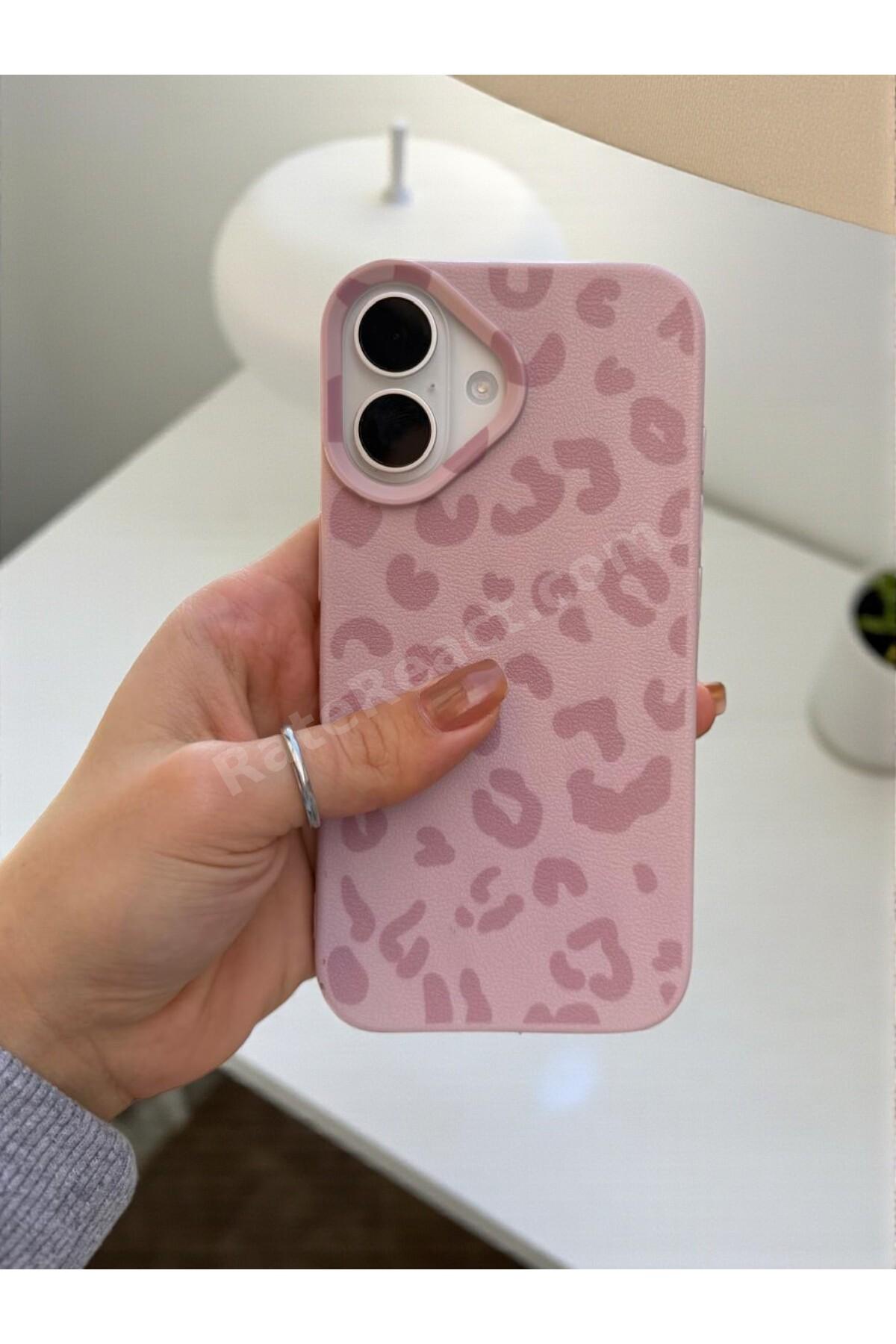 iPhone 16 Uyumlu Pembe Leopar Desenli İnce Yumuşak Silikon Kılıf