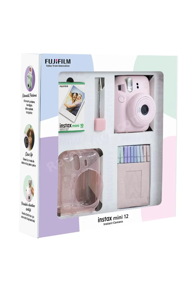 Instax mini 12 Pembe Fotoğraf Makinesi 10'lu Film Simli Pleksi Kılıf Mandal ve Kıskaçlı Resim Standı