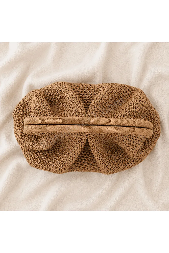 Kadın Kağıt İp Büzgülü Çanta Hasır Renk El Örgüsü Astarlı Bohem El & Omuz Çantası 36x29 cm