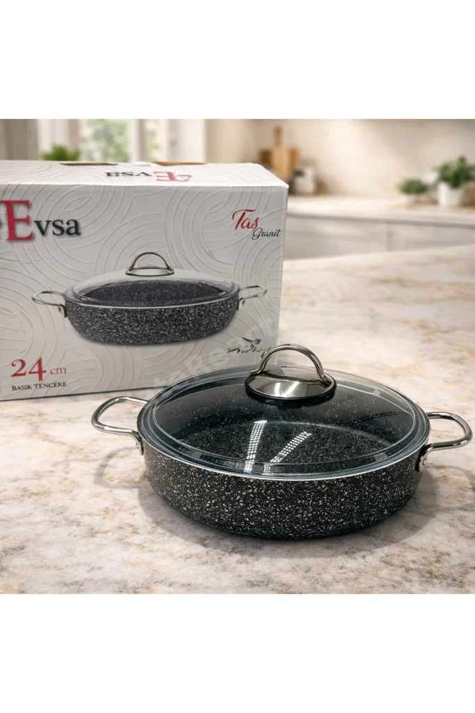 Evsa Taş Granit 24 CM Basık Döküm Pilav Tenceresi Yanmaz Yapışmaz Granit Kaplama