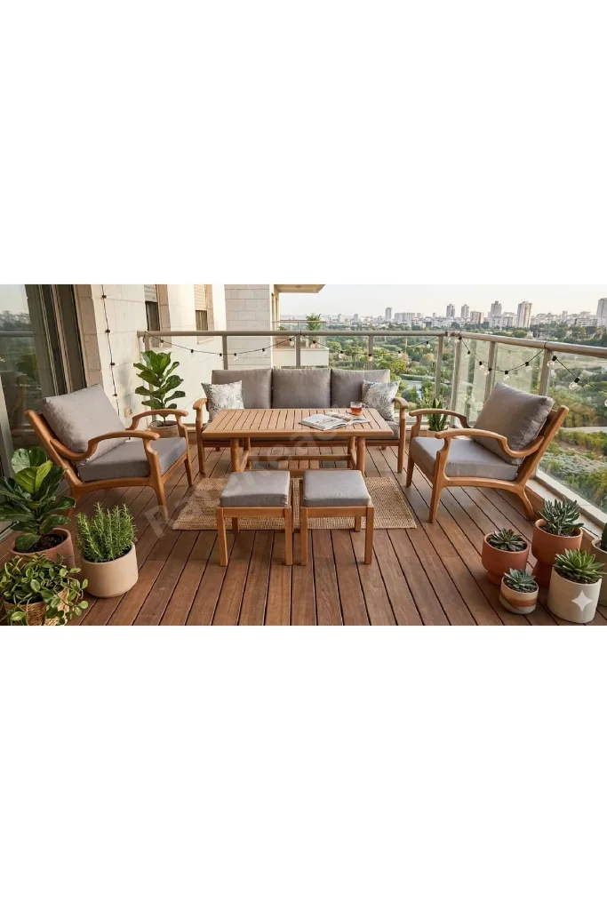 Orbis Bahçe Balkon Koltuk Masif Ahşap Kestane Ağacı 3+1+1 Koltuk, Masa ve Puf Takımı
