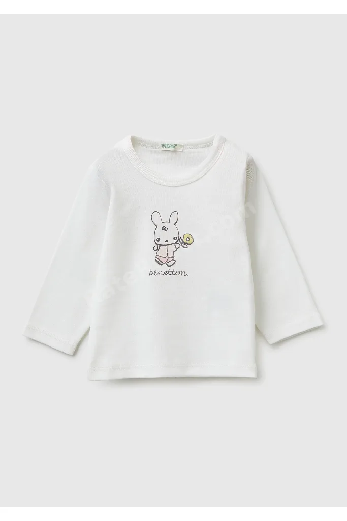 Bebek Beyaz Su Bazlı Logo Baskılı Omzu Gizli Çıtçıtlı Uzun Kollu T-Shirt
