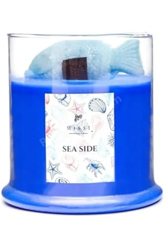 Büyük Üfleme Cam Balık Dekorlu Saks Mavisi Ocean Breeze Kokulu Vegan Mum (380 gr) revif 827927