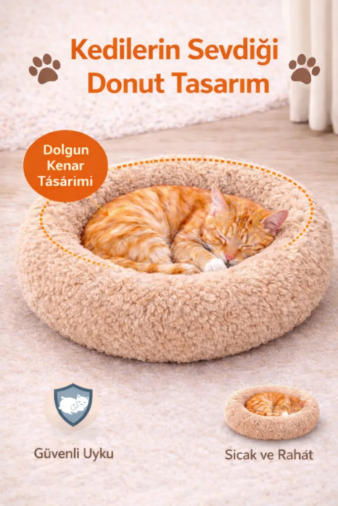 Donut Kedi Yatağı Peluş Kedi Minderi Yuvarlak Yumuşak Kedi Köpek Yatağı Gri Bej Pudra