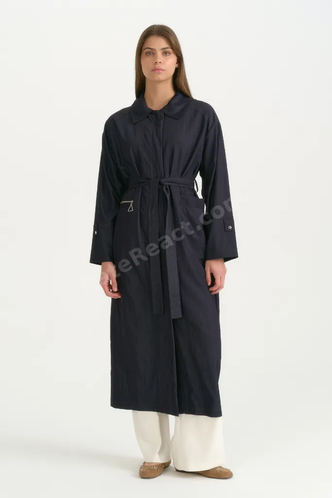 Kumaş Mixli Kuşaklı Rayon Kap - İndigo