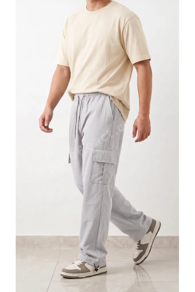 Erkek Gri Paraşüt Kumaş Komando Cepli Klipsli (Ayarlanabilir paça) Baggy Eşofman Alt