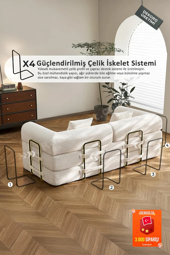 Voxel 5in1 Akıllı Yataklı Kanepe, Fitilli Kadife, 50 DNS Bondex, Güçlendirilmiş Çelik İskelet