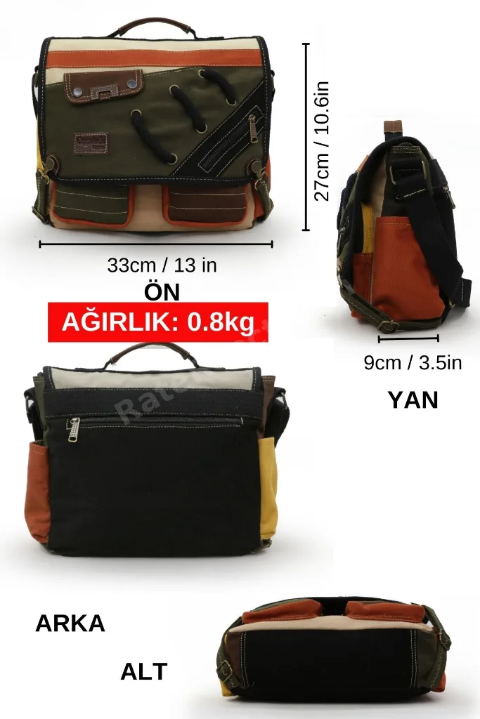 4017 Haki Krem 14" Laptop Pamuk Gabardin Postacı Okul Çantası Unisex Kilitli Çok Cepli Omuz Askılı