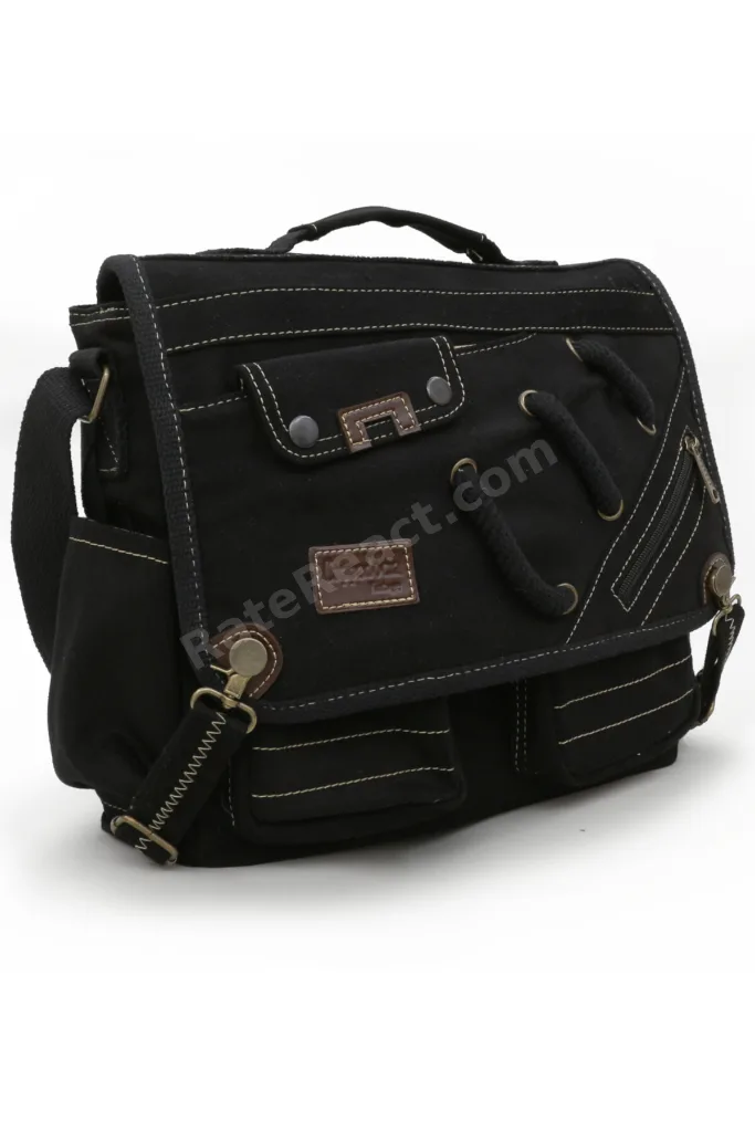 4017 Siyah 14" Laptop Pamuk Gabardin Postacı Okul Çantası Unisex Kilitli Çok Cepli Omuz Askılı