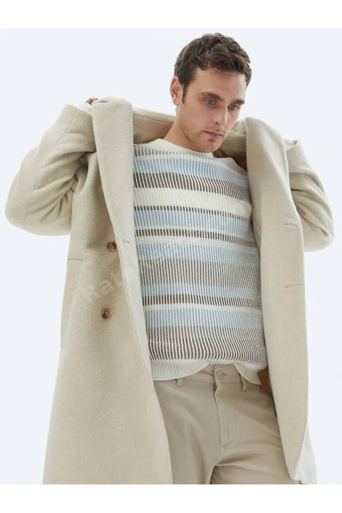 Açık Bej Oversize Fit Kruvaze Yaka Klasik Dokuma Palto