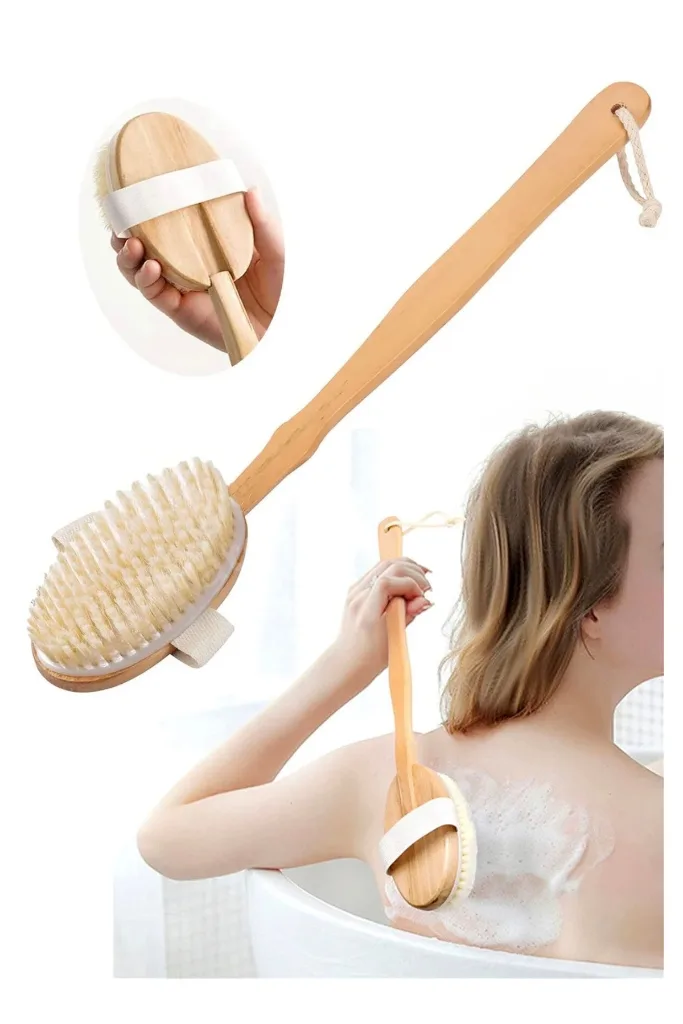 Doğal Ahşap Vücut Fırçası Uzun Saplı At Kılı Kuru Fırçalama Masaj Fırçası (Selülit & Peeling Etkili)
