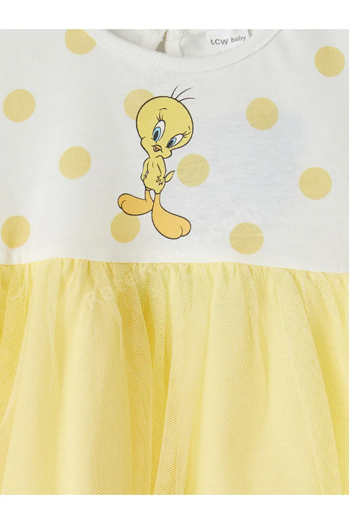 Ekru Tweety Baskılı Tüllü Kız Bebek Elbise