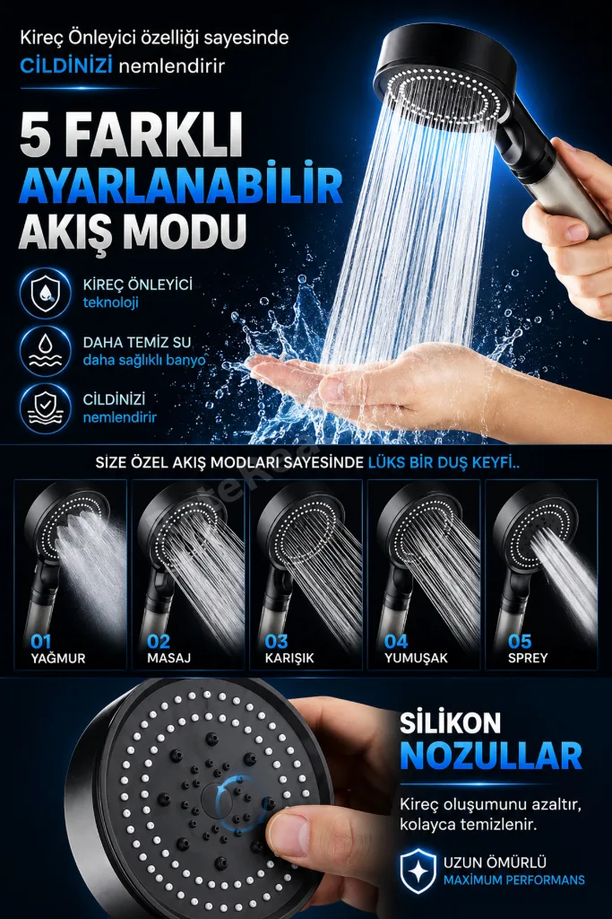 5 Fonksiyonlu Filtreli Duş Başlığı | 3 Yedek Filtreli Yüksek Basınçlı Kireç ve Klor Önleyici Banyo Duşu