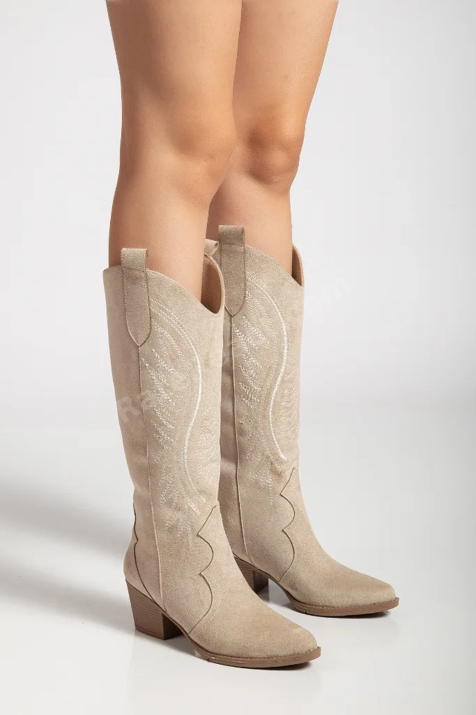Kadın Suni Süet Bej Nakışlı Western Kovboy Cowgirl Bot Çizme