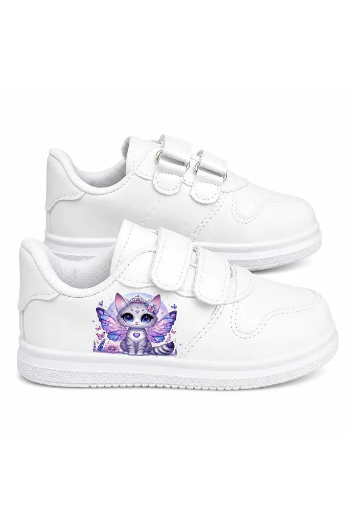 mor kedi prenses baskılı beyaz bantlı çocuk spor ayakkabı sneaker