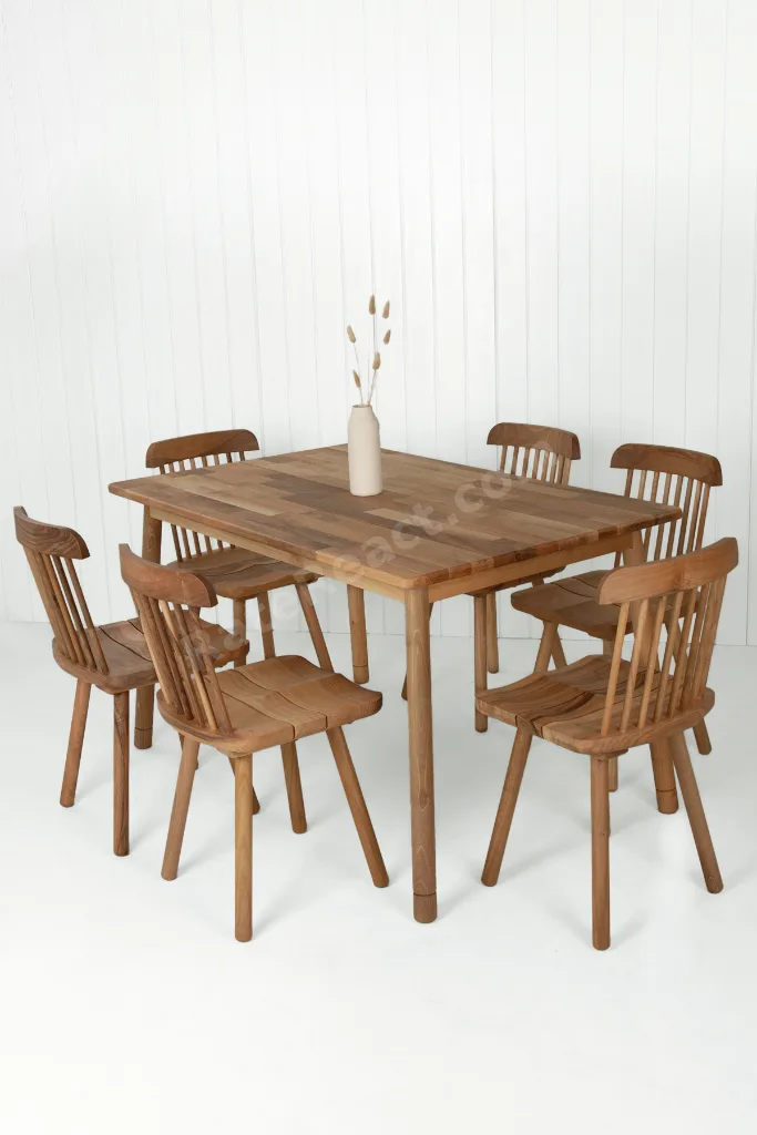 Alaçatı Masif Ceviz Ahşap Masa Takımı, 6 Adet Grill Sandalye ile, 130x80 cm