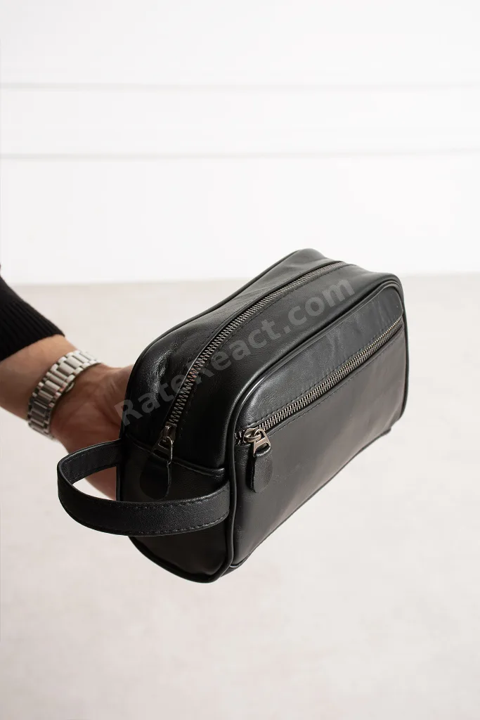Siyah Hakiki Deri Erkek Tıraş el Portföy&Clutch Bakım Çantası