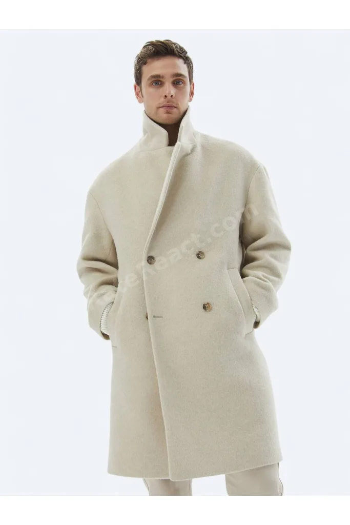 Açık Bej Oversize Fit Kruvaze Yaka Klasik Dokuma Palto