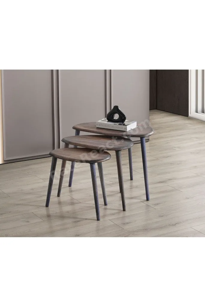 Masif Doğal Ahşap Zigon Sehpa 3'lü Set, Modern Masif Yan Sehpa