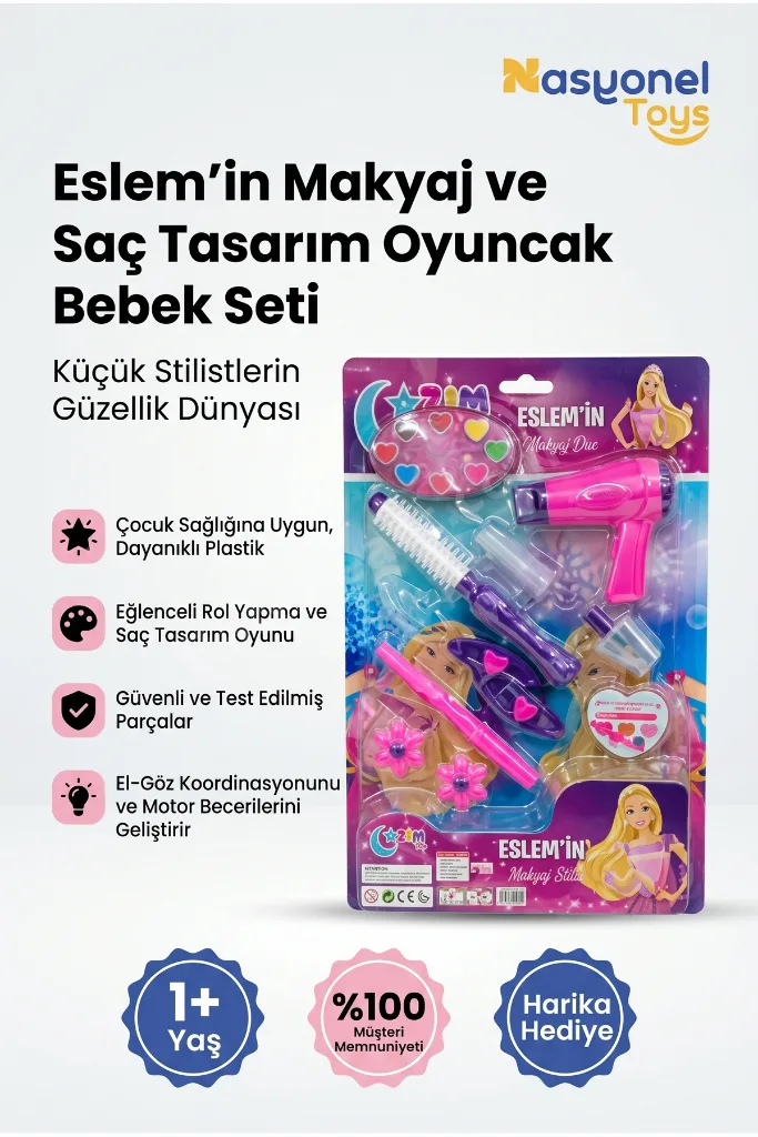 Eslem'in Makyaj ve Saç Tasarım Oyuncak Bebek Seti - Kız Çocukları İçin Eğlenceli Güzellik Oyun Seti