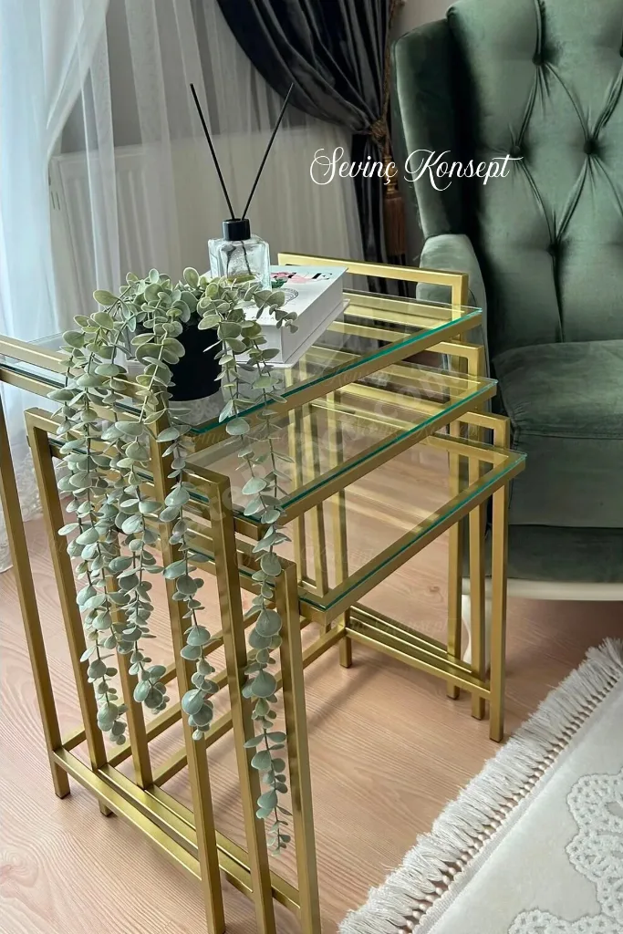 3'lü Gold Rana Sehpa, Şeffaf Camlı, Çok Amaçlı Zigon Sehpa, Yan Sehpa, Orta Sehpa, Metal Sehpa