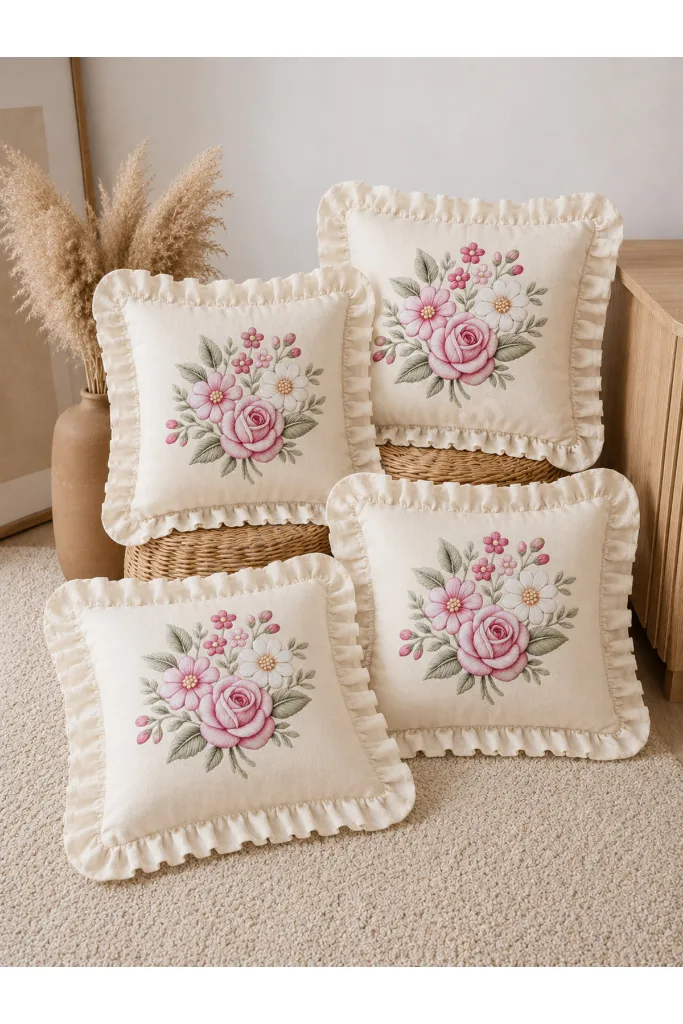 4'lü Fırfırlı Çiçek Desenli Dekoratif Kırlent Kılıfı %100 Pamuk Organik Boya Baskılı 45x45 cm