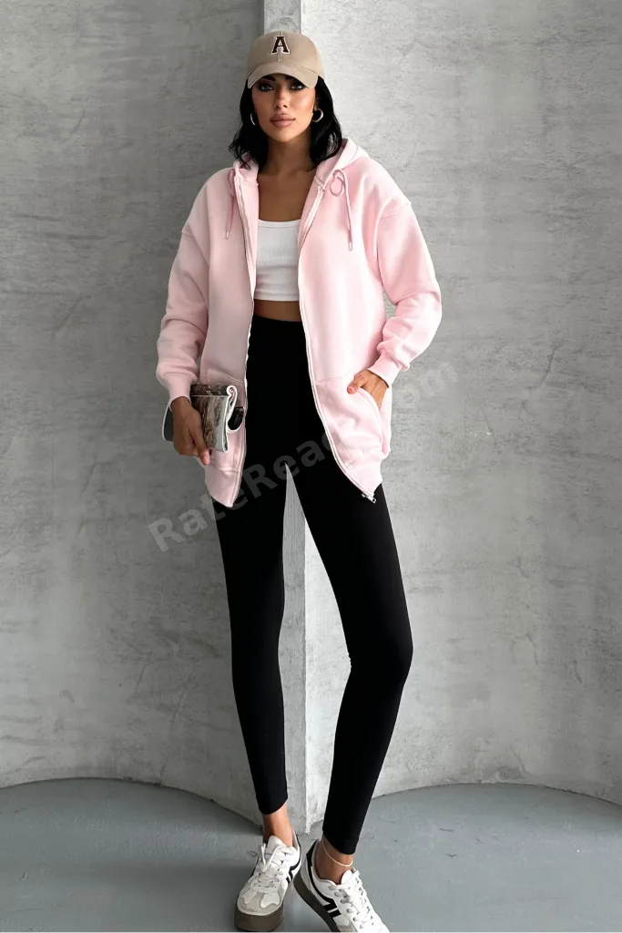 Oversize Kalıp 3 Iplik Şardonlu Metal Fermuarlı Kapşonlu Sweatshirt