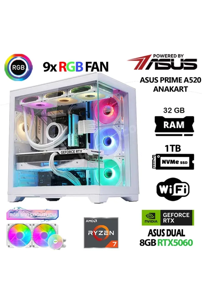 Prime x6 Ryzen 7 5700X 32GB Ram 1TB M.2 NVMe SSD 8GB RTX5060 Sıvı Soğutmalı Masaüstü Oyuncu Bilgisa