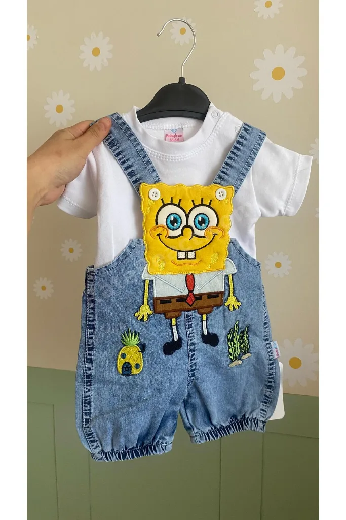 Unisex Bebek Kot Salopet Takımı Sünger Bob Nakışlı Tişörtlü 2 li Yazlık Takım | 6-9-12-18 Ay