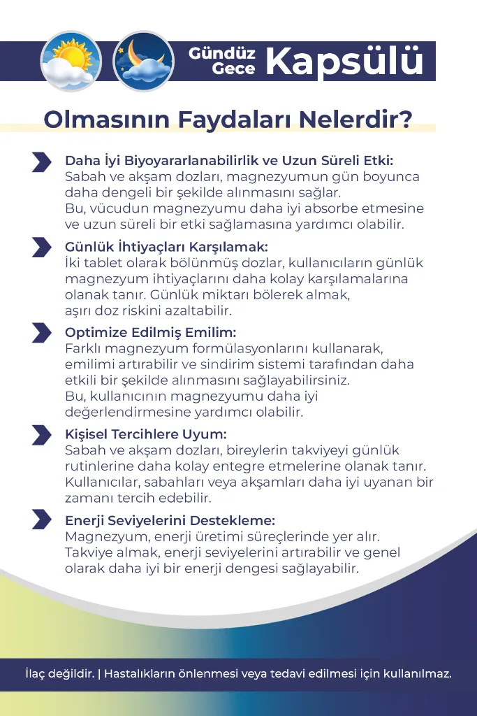 Magnezyum Kompleks Gündüz&Gece Glisinat-Malat-Sitrat-Taurat 60 Tablet