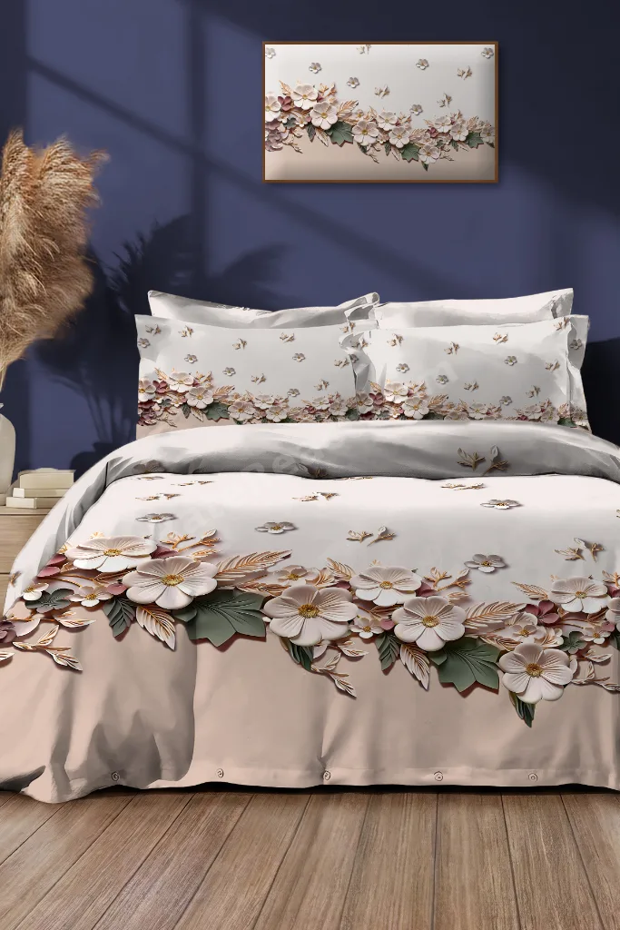 %100 PAMUK Percale Çeyizlik Luxury 5D Dijital Çift Kişilik Nevresim Takımı Mimoza