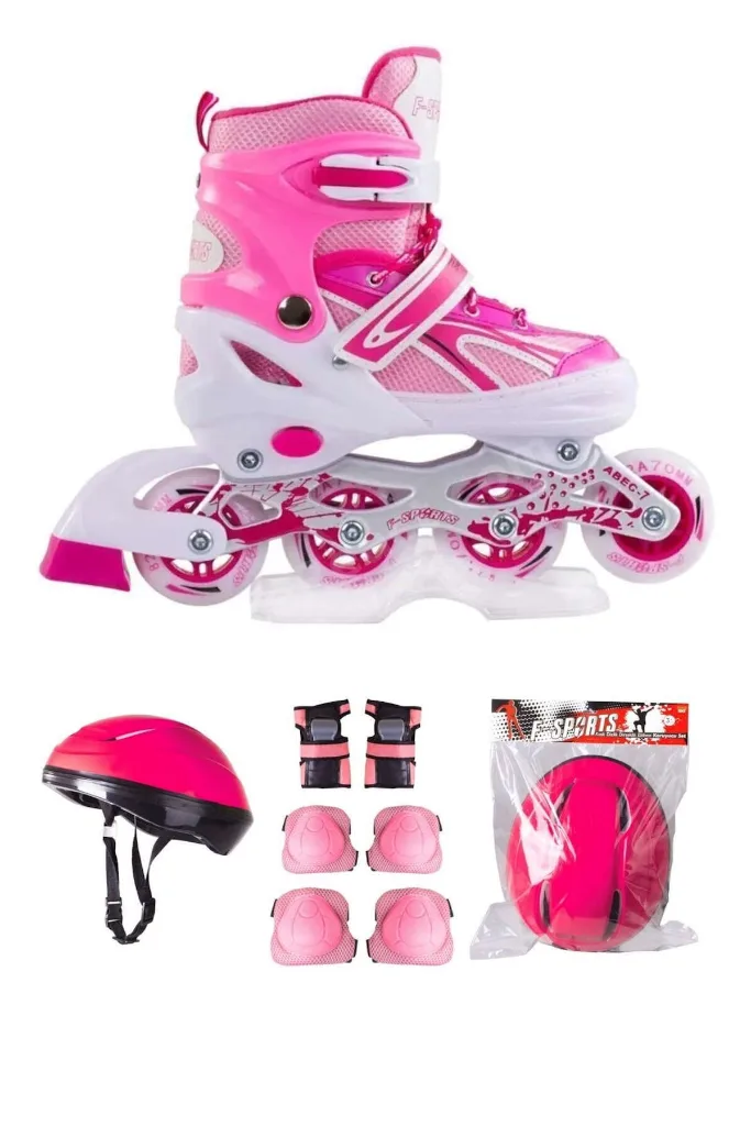 Pembe Çift Sıra Ayarlanabilir Alıştırma Pateni Kask Dizlik Seti