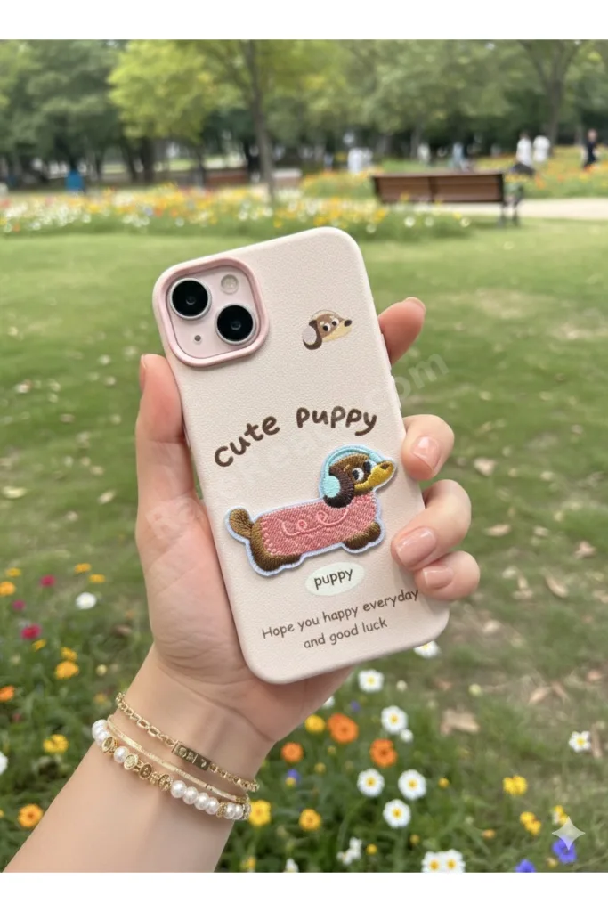 iPhone 13-14-15 Kılıf Sevimli Puppy Nakışlı Deri Görünümlü Esnek, Şık ve Koruyucu Telefon Kılıfı