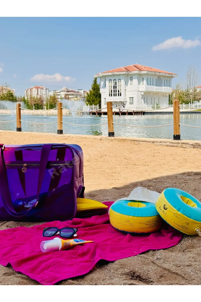 Neon Suni Deri & Renkli Şeffaf PVC Yıkanabilir Islak ve Kumlu Eşya Cebi Olan Plaj Çantası