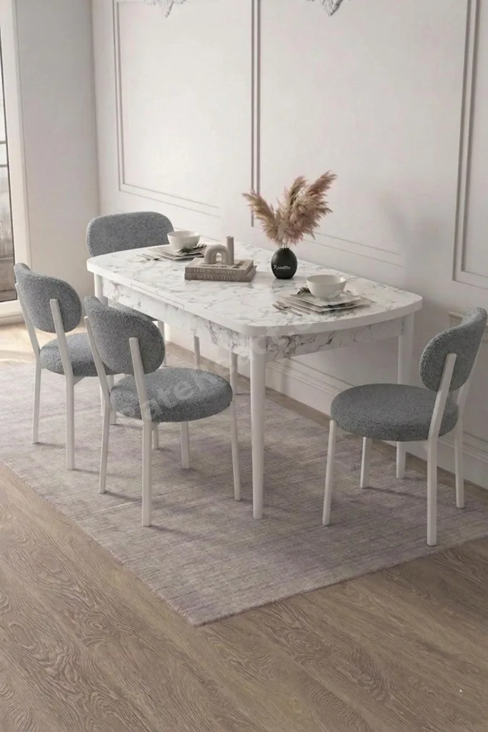 4 Kişilik Açılır Mutfak Masa Takımı | Yemek Masası ve Sandalye Seti Metal Ayaklı (CARARA GRİ)