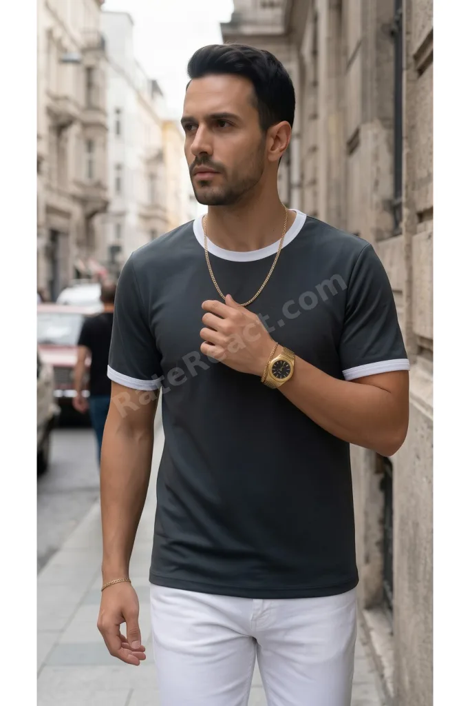 Erkek Gri Renkli Tişört Bisiklet Yaka Kol Garnili Regular T-shirt