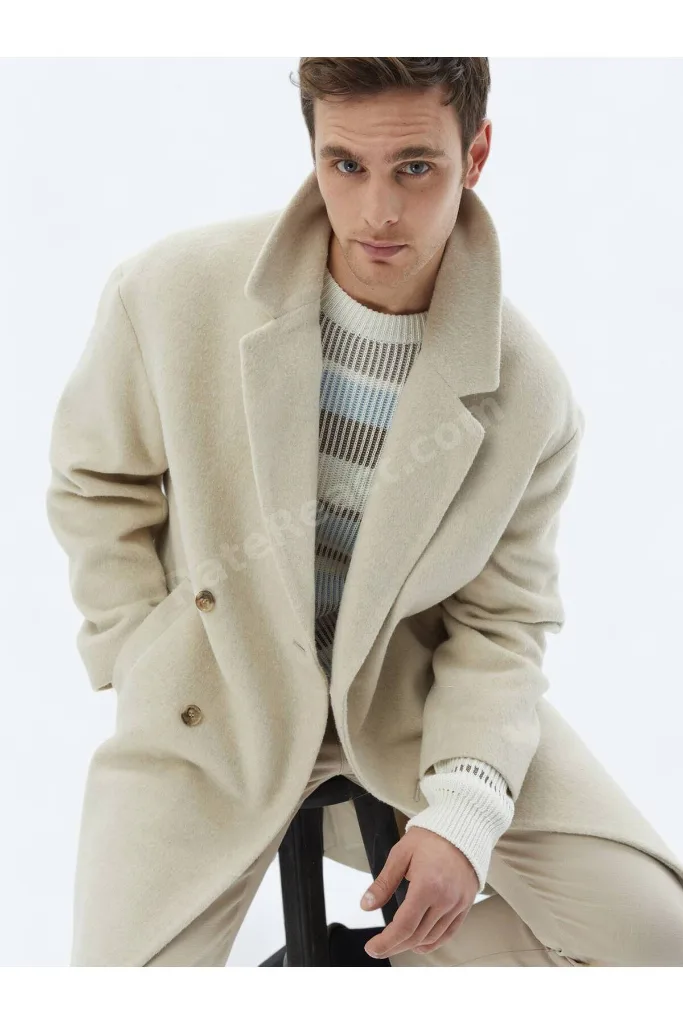 Açık Bej Oversize Fit Kruvaze Yaka Klasik Dokuma Palto