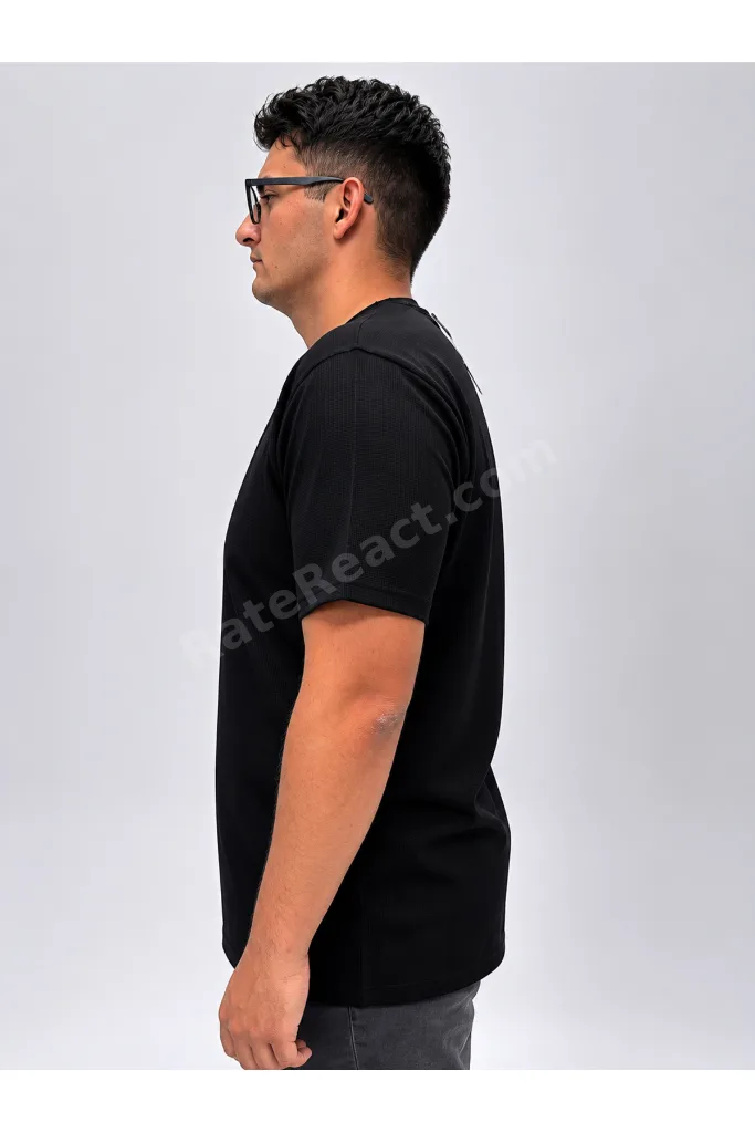 Büyük Beden Sıfır Yaka Waffle Kumaş Basıc Erkek Tshirt