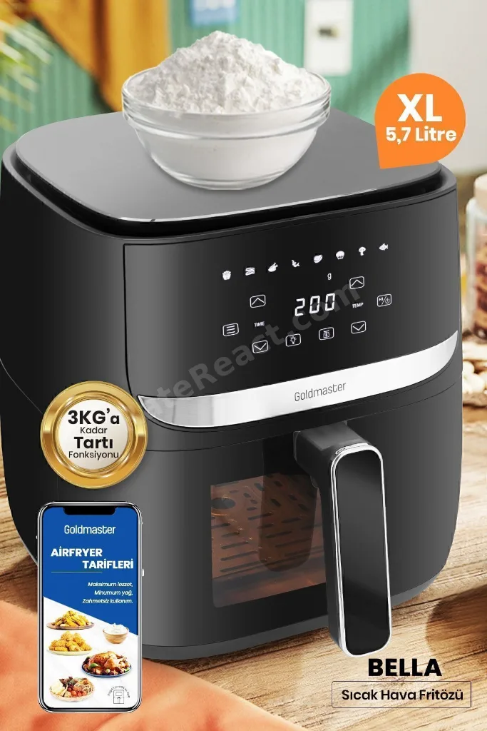 Bella 1700w Xl Dokunmatik Cam Kapaklı Aydınlatmalı 3kg Tartı Fonksiyonlu Airfryer Sıcak Hava Fritözü