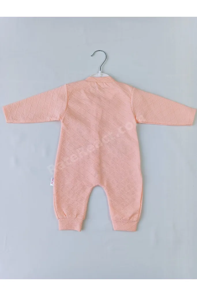Unisex Bebek Jakarlı Ayıcık Nakışlı Pamuklu Tulum - 1-6 Ay Yenidoğan Manşetli Bebek Tulumu