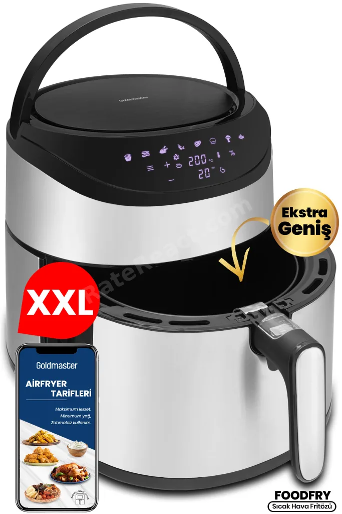 Foodfry İnox XXL Özel Tasarım Tutma Kolu Sessiz Fanlı Dokunmatik Airfryer Yağsız Sıcak Hava Fritözü