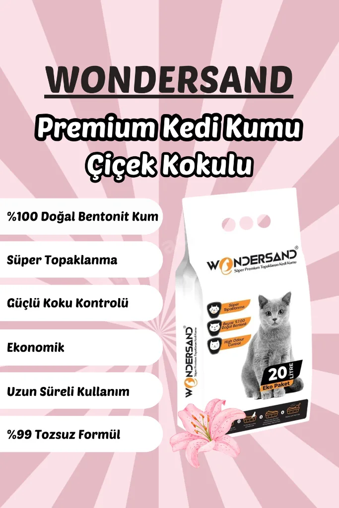 20 Litre %100 Beyaz Bentonit Ince Tane Çiçek Kokulu Topaklanan Premium Kedi Kumu
