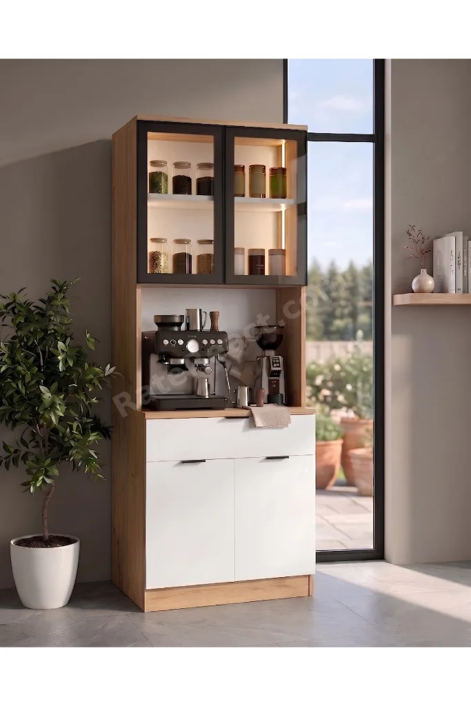 Dream Premium Minimal Kahve İstasyonu - Safir Meşe Temperli Camlı LED Modül