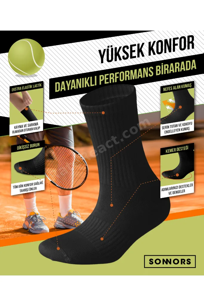 4 Çift Kadın Erkek Spor Çorap Kemer Destekli ve Kompresyon Tenis Çorabı Siyah Beyaz