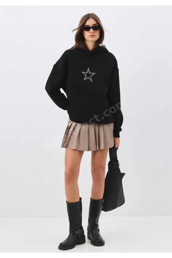 Unisex Star Stroke Taş Baskılı Sweatshirt Siyah hoodie oversize battal Geniş Kesim Kapüşonlu
