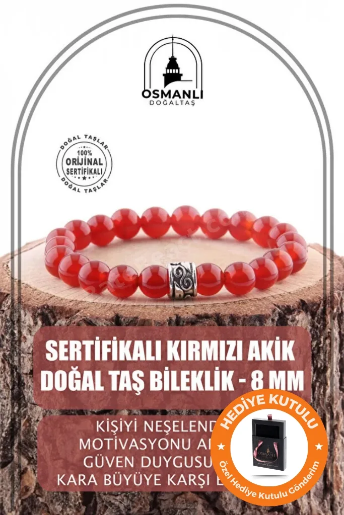 Orijinal & Sertifikalı Kırmızı Akik Gerçek Doğal Taş Kutulu El Yapımı Kadın Bileklik 8 mm